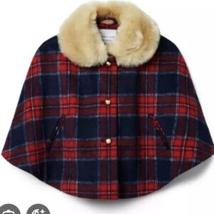 Janie and Jack Red and Black Plaid Cape with Cream Faux Fur